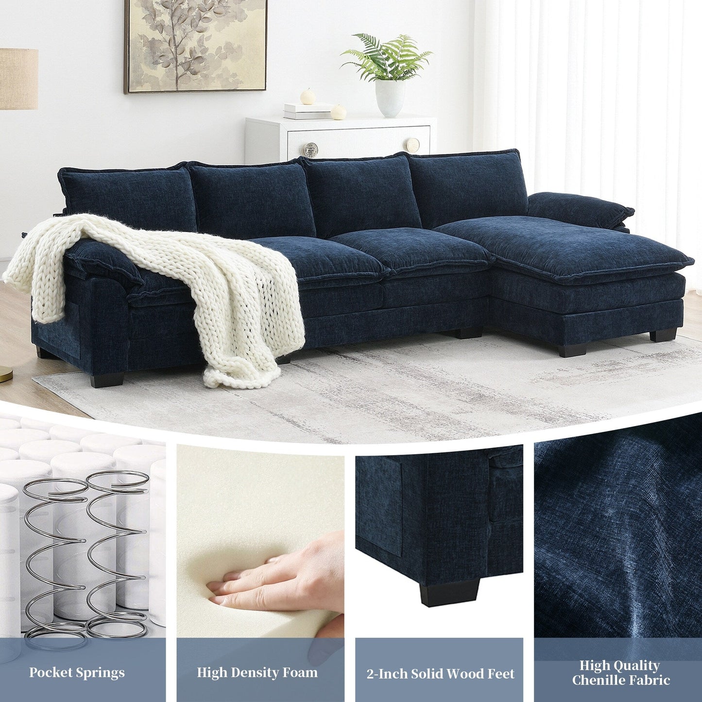 Modern Chenille Sectional Sofa With Double Cushions,Storage Pockets,Upholstered,L-Shaped Cloud Couch With Reversible Chaise