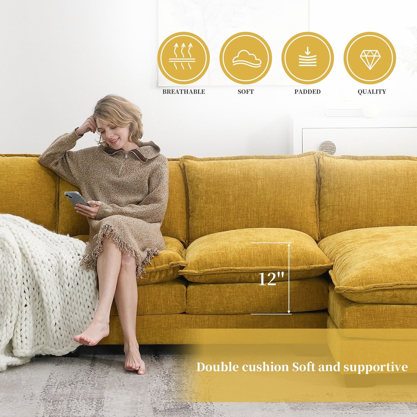 Modern Chenille Sectional Sofa With Double Cushions,Storage Pockets,Upholstered,L-Shaped Cloud Couch With Reversible Chaise