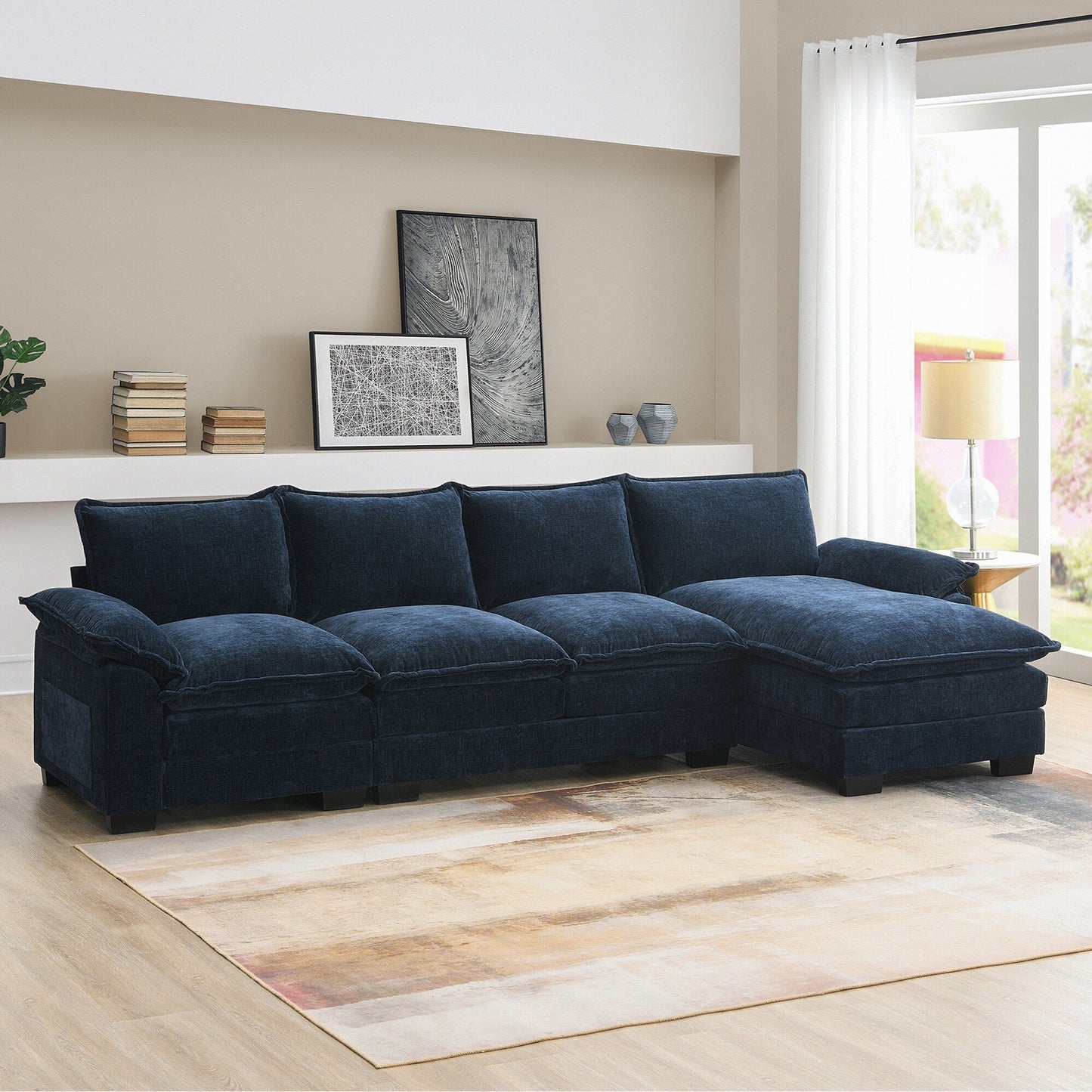 Modern Chenille Sectional Sofa With Double Cushions,Storage Pockets,Upholstered,L-Shaped Cloud Couch With Reversible Chaise