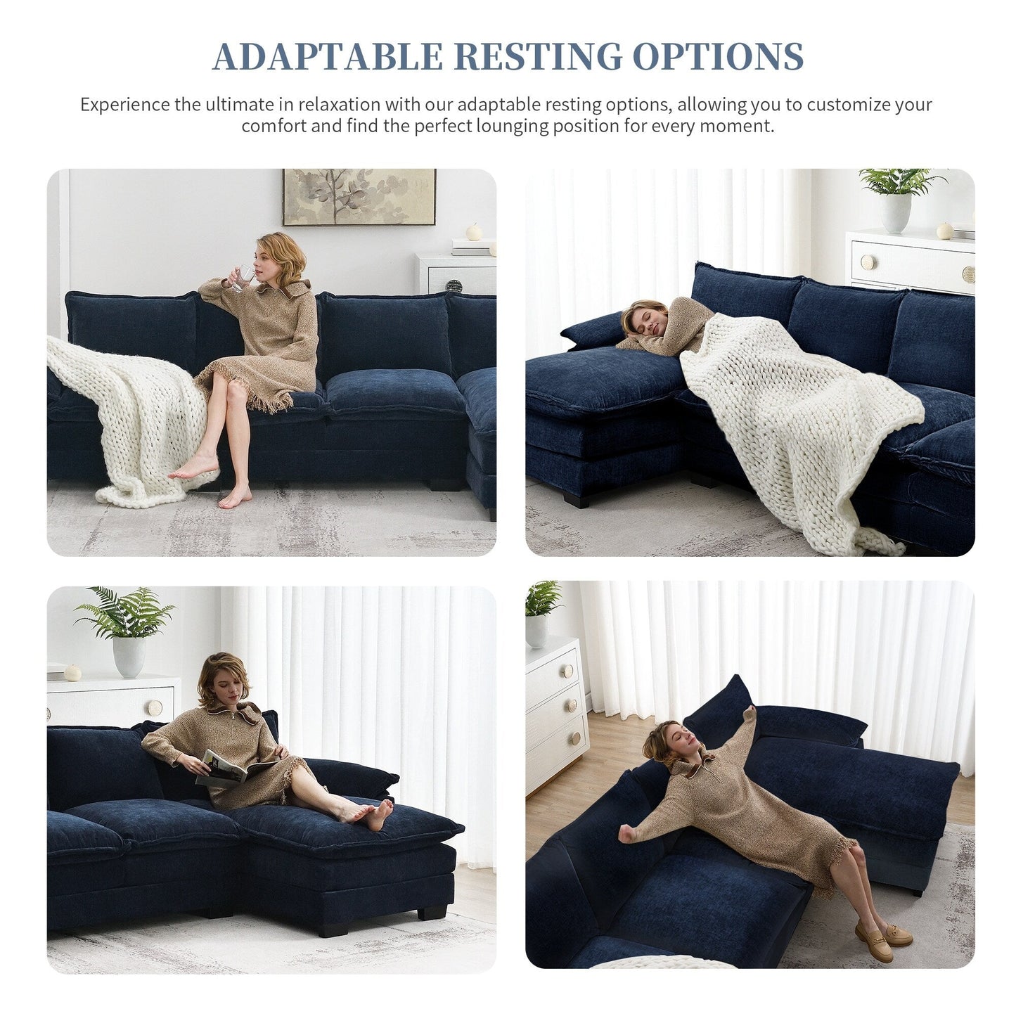 Modern Chenille Sectional Sofa With Double Cushions,Storage Pockets,Upholstered,L-Shaped Cloud Couch With Reversible Chaise
