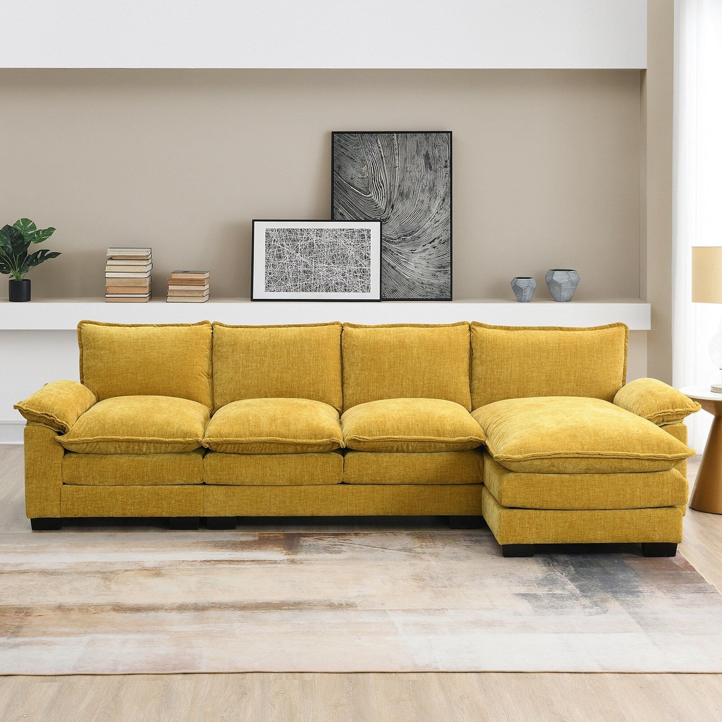 Modern Chenille Sectional Sofa With Double Cushions,Storage Pockets,Upholstered,L-Shaped Cloud Couch With Reversible Chaise