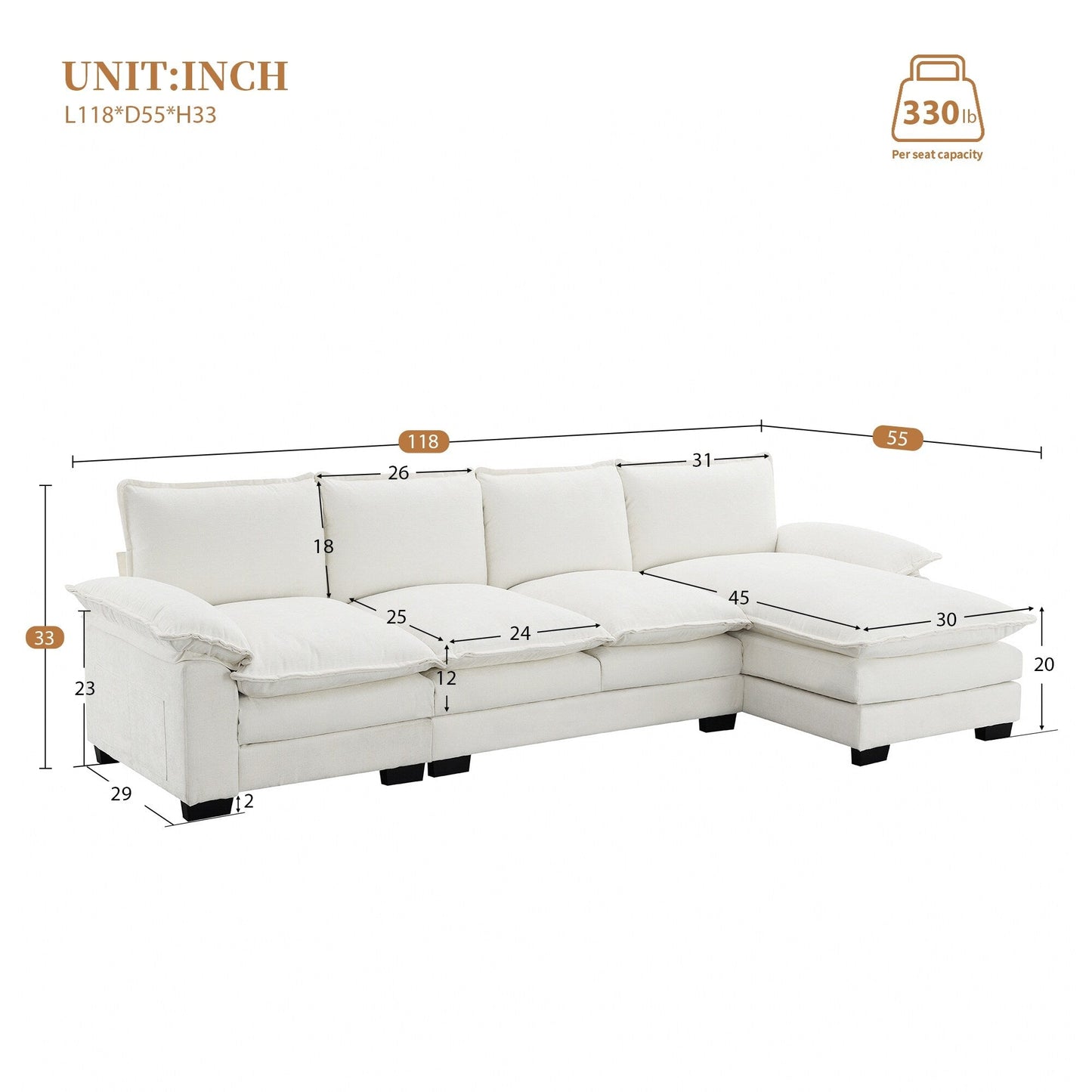 Modern Chenille Sectional Sofa With Double Cushions,Storage Pockets,Upholstered,L-Shaped Cloud Couch With Reversible Chaise
