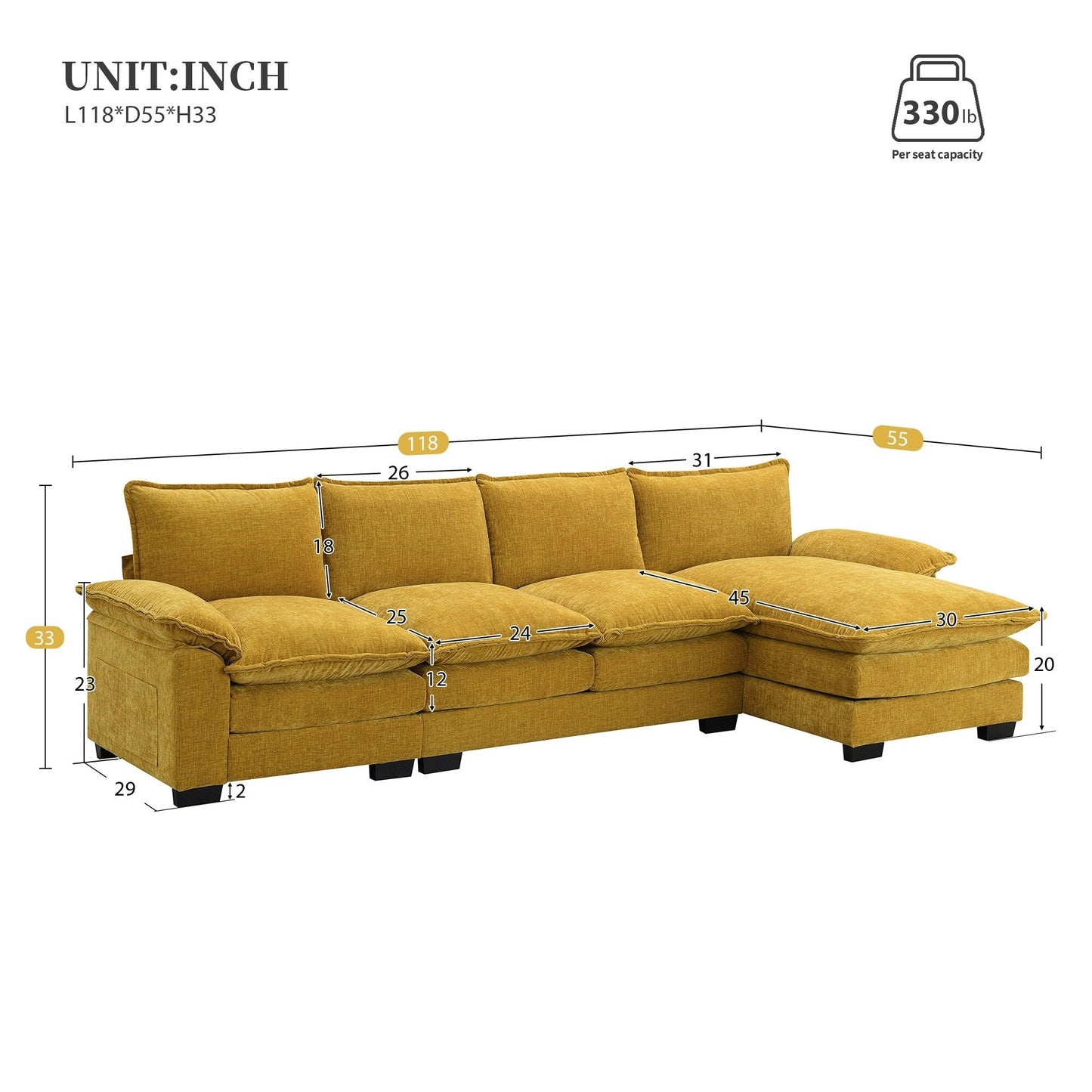 Modern Chenille Sectional Sofa With Double Cushions,Storage Pockets,Upholstered,L-Shaped Cloud Couch With Reversible Chaise