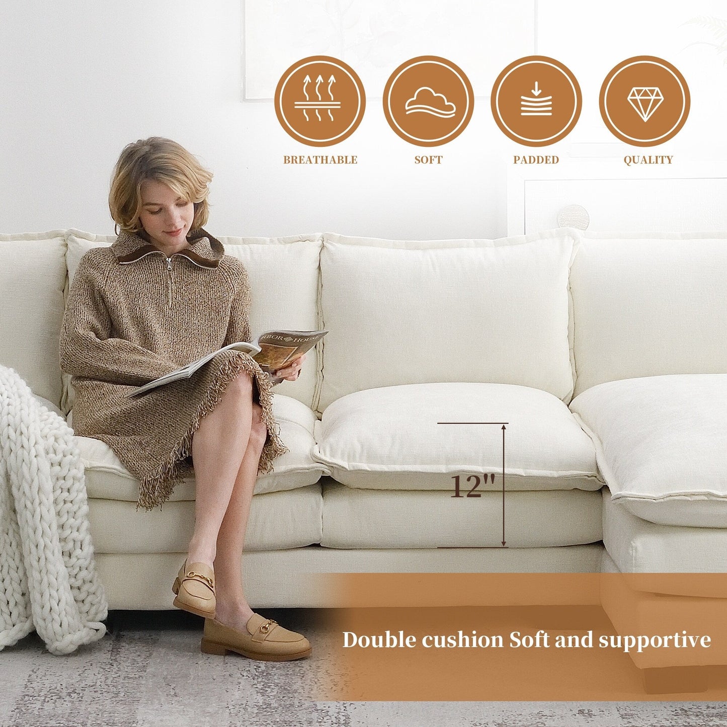 Modern Chenille Sectional Sofa With Double Cushions,Storage Pockets,Upholstered,L-Shaped Cloud Couch With Reversible Chaise