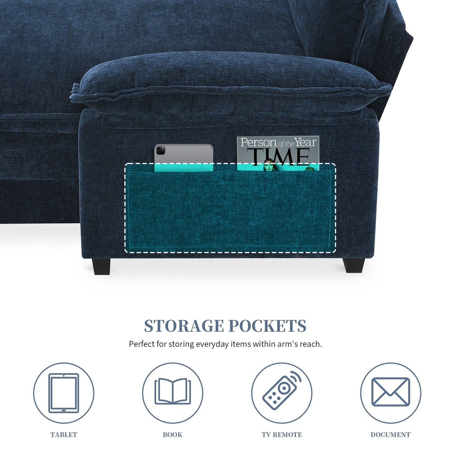 Modern Chenille Sectional Sofa With Double Cushions,Storage Pockets,Upholstered,L-Shaped Cloud Couch With Reversible Chaise