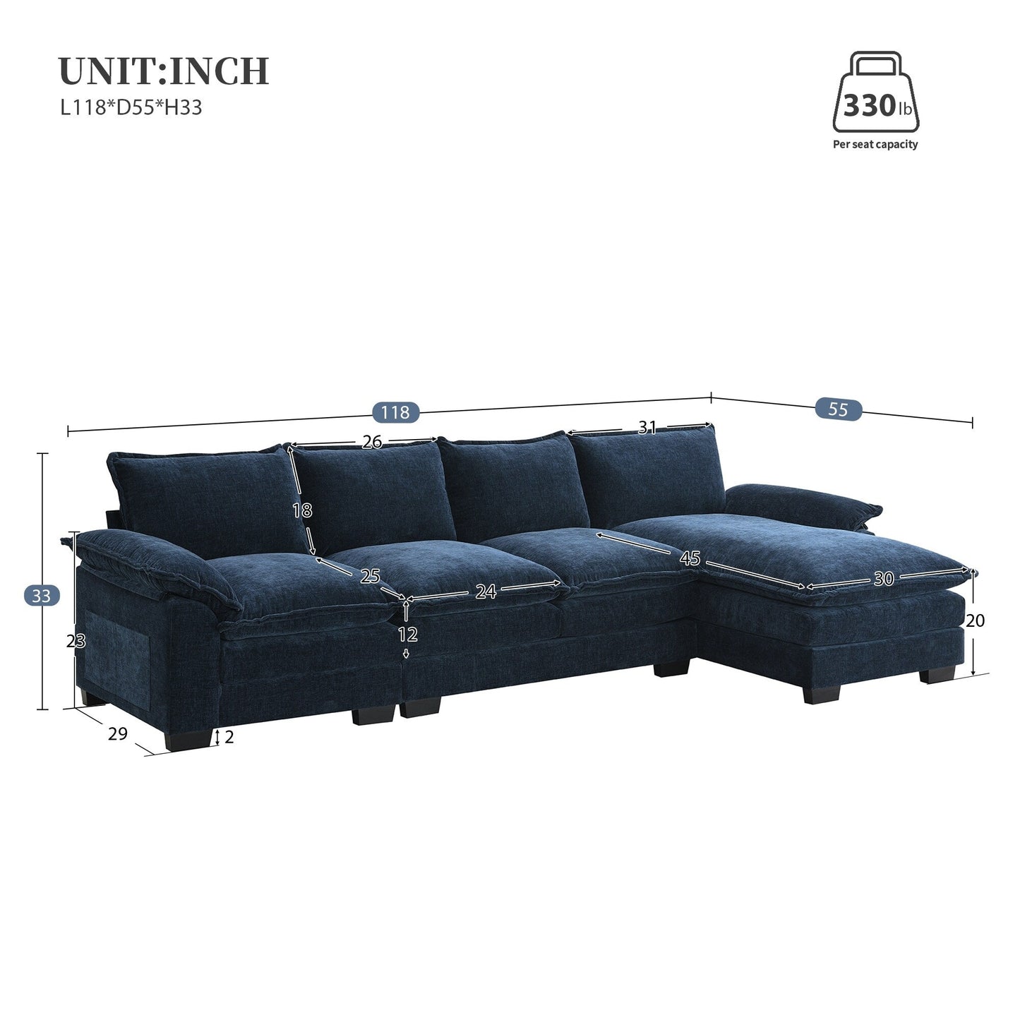 Modern Chenille Sectional Sofa With Double Cushions,Storage Pockets,Upholstered,L-Shaped Cloud Couch With Reversible Chaise