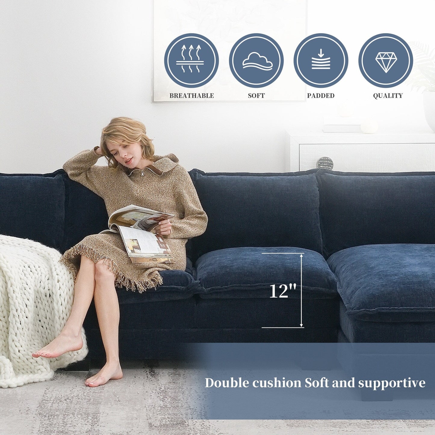Modern Chenille Sectional Sofa With Double Cushions,Storage Pockets,Upholstered,L-Shaped Cloud Couch With Reversible Chaise