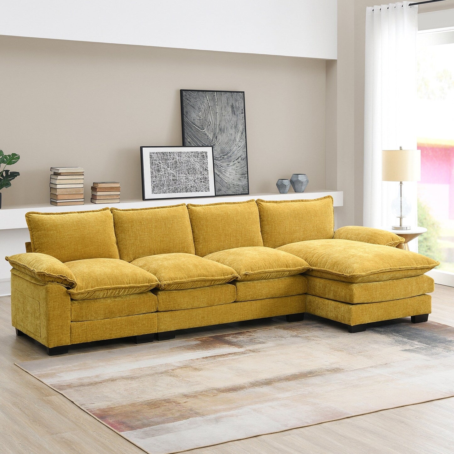 Modern Chenille Sectional Sofa With Double Cushions,Storage Pockets,Upholstered,L-Shaped Cloud Couch With Reversible Chaise