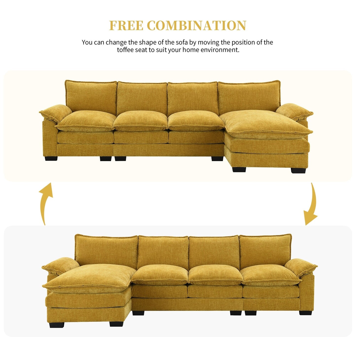 Modern Chenille Sectional Sofa With Double Cushions,Storage Pockets,Upholstered,L-Shaped Cloud Couch With Reversible Chaise