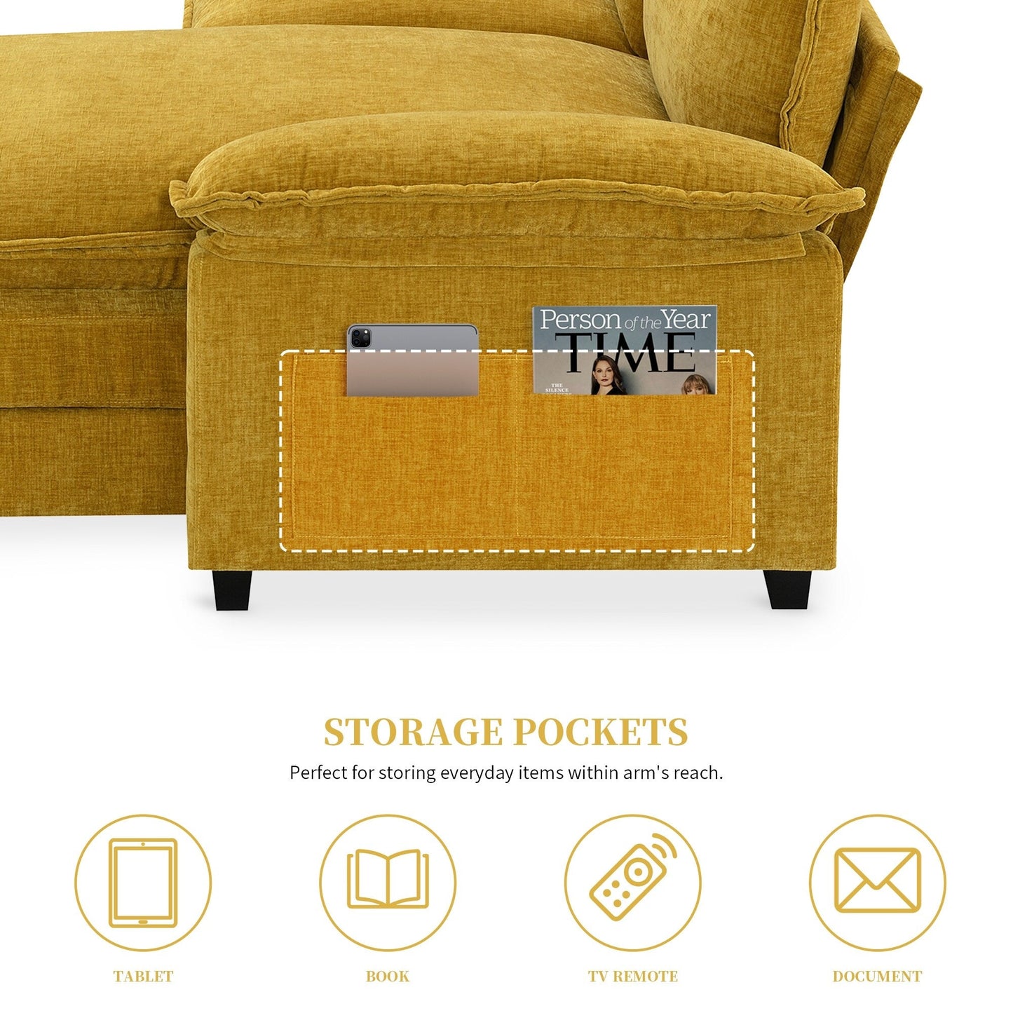 Modern Chenille Sectional Sofa With Double Cushions,Storage Pockets,Upholstered,L-Shaped Cloud Couch With Reversible Chaise