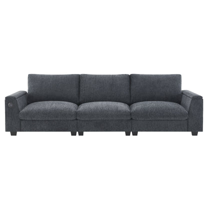 Modern Chenille Sectional Sofa with Fold-Down Table, Bluetooth Speakers, USB Charger, Cup Holders and Hidden Armrest Storage