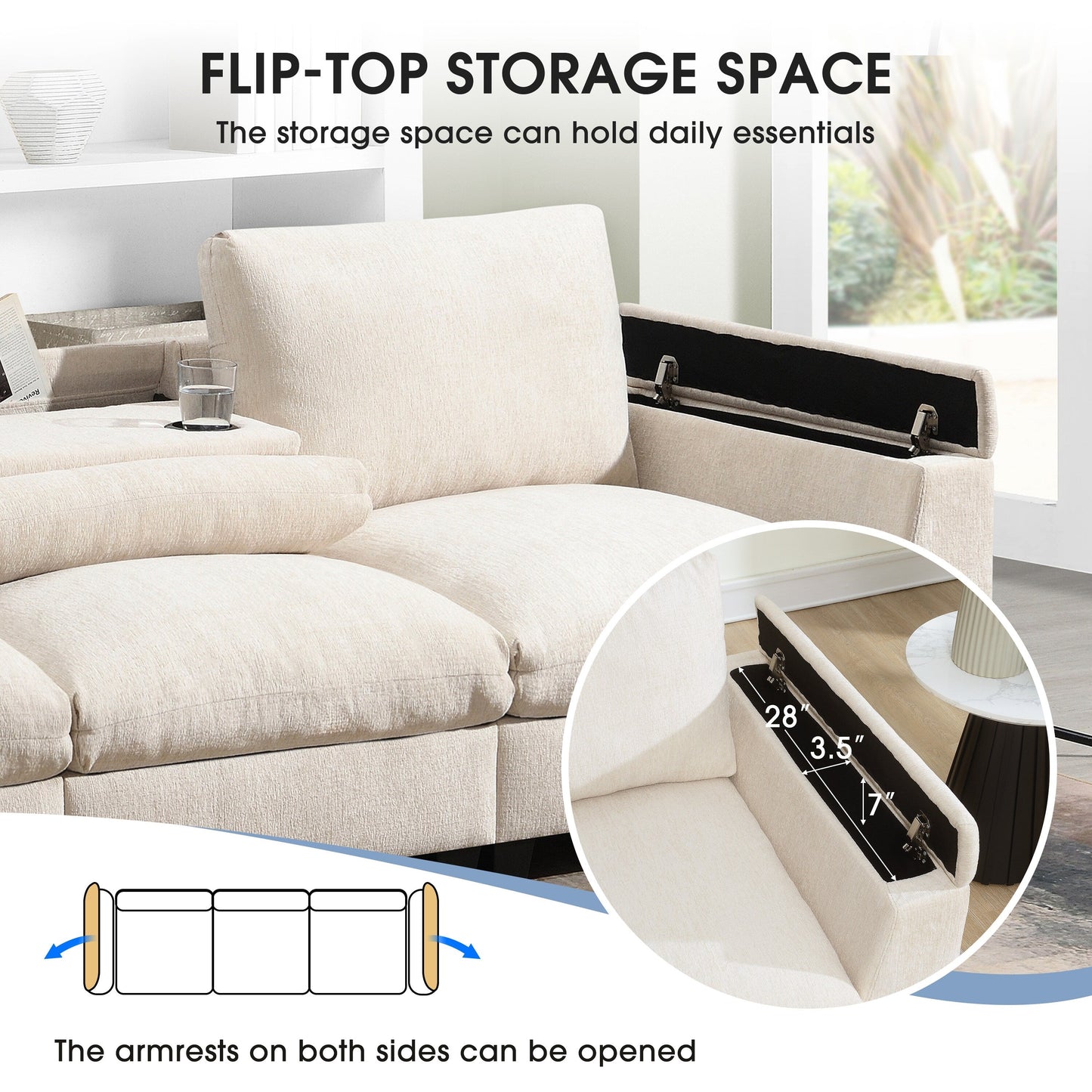 Modern Chenille Sectional Sofa with Fold-Down Table, Bluetooth Speakers, USB Charger, Cup Holders and Hidden Armrest Storage
