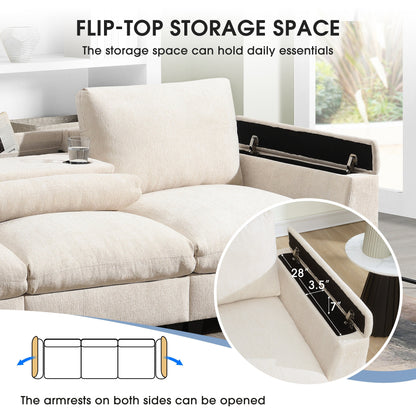 Modern Chenille Sectional Sofa with Fold-Down Table, Bluetooth Speakers, USB Charger, Cup Holders and Hidden Armrest Storage