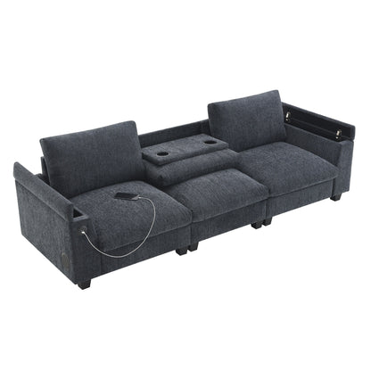 Modern Chenille Sectional Sofa with Fold-Down Table, Bluetooth Speakers, USB Charger, Cup Holders and Hidden Armrest Storage
