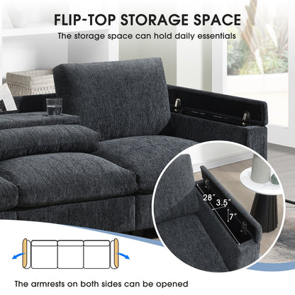Modern Chenille Sectional Sofa with Fold-Down Table, Bluetooth Speakers, USB Charger, Cup Holders and Hidden Armrest Storage