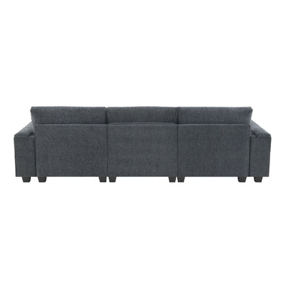 Modern Chenille Sectional Sofa with Fold-Down Table, Bluetooth Speakers, USB Charger, Cup Holders and Hidden Armrest Storage