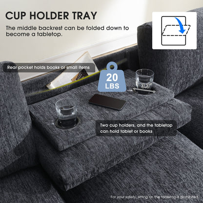 Modern Chenille Sectional Sofa with Fold-Down Table, Bluetooth Speakers, USB Charger, Cup Holders and Hidden Armrest Storage