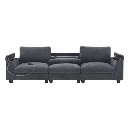 Modern Chenille Sectional Sofa with Fold-Down Table, Bluetooth Speakers, USB Charger, Cup Holders and Hidden Armrest Storage