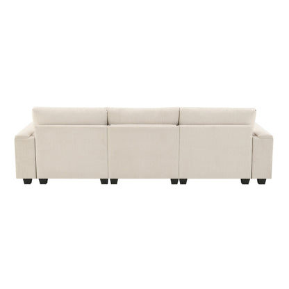 Modern Chenille Sectional Sofa with Fold-Down Table, Bluetooth Speakers, USB Charger, Cup Holders and Hidden Armrest Storage