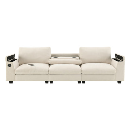 Modern Chenille Sectional Sofa with Fold-Down Table, Bluetooth Speakers, USB Charger, Cup Holders and Hidden Armrest Storage