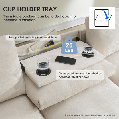 Modern Chenille Sectional Sofa with Fold-Down Table, Bluetooth Speakers, USB Charger, Cup Holders and Hidden Armrest Storage