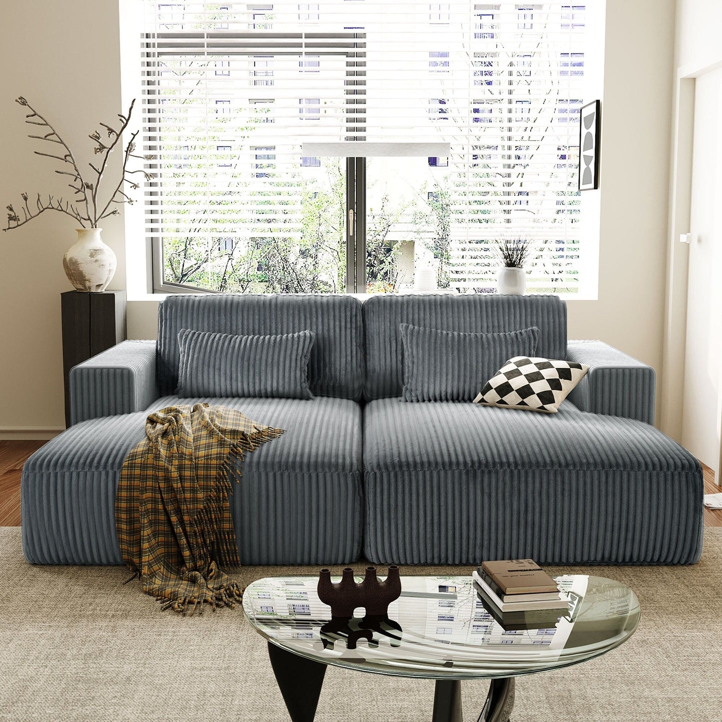 Modern Convertible Corduroy Loveseat Sofa Bed Wide Armrest Sofa with 2 Pillows for Living Room Apartment