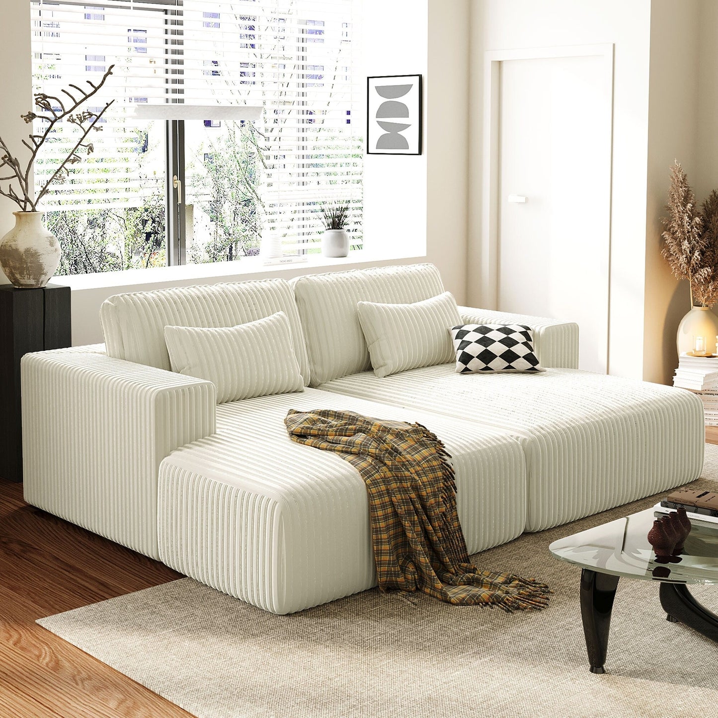 Modern Convertible Corduroy Loveseat Sofa Bed Wide Armrest Sofa with 2 Pillows for Living Room Apartment