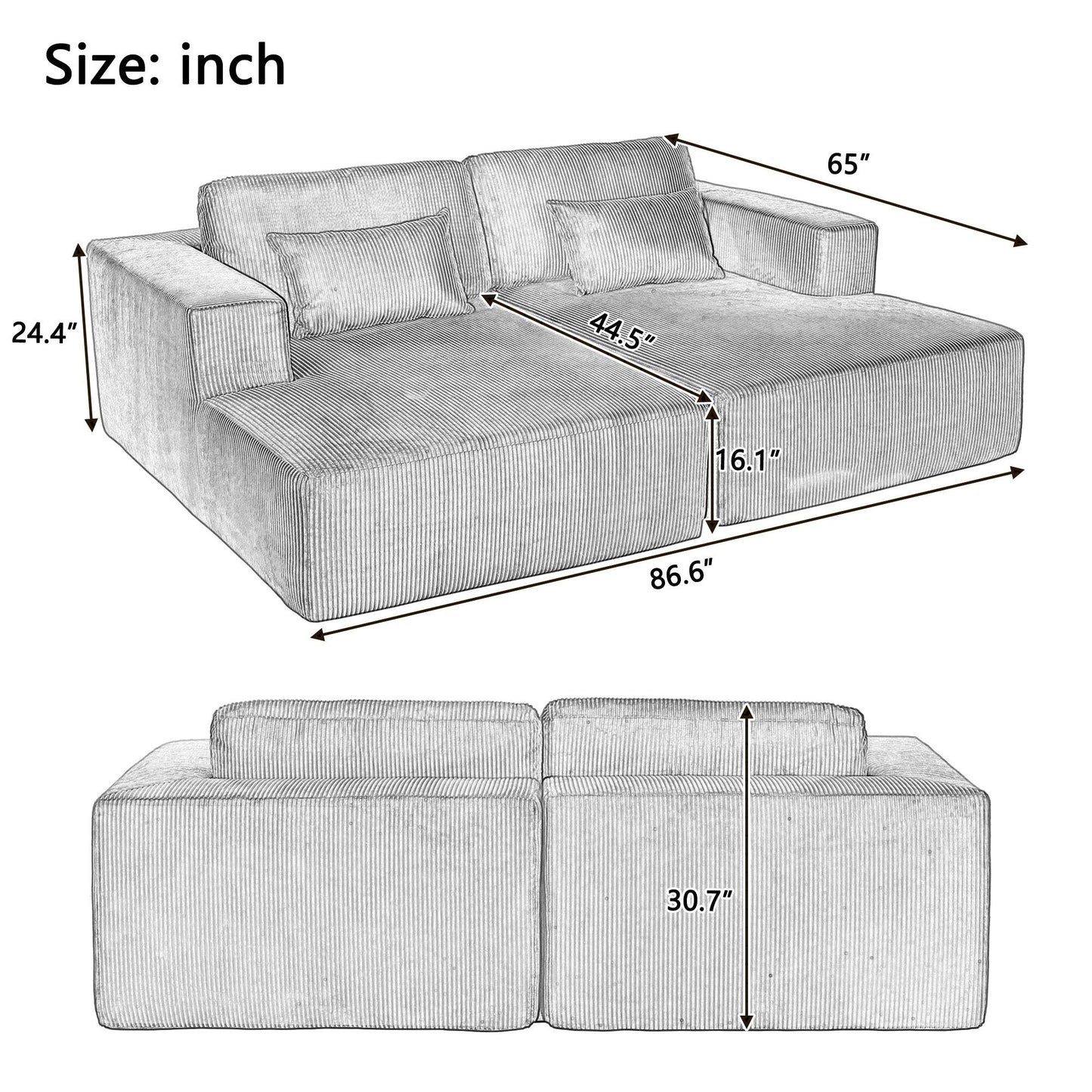 Modern Convertible Corduroy Loveseat Sofa Bed Wide Armrest Sofa with 2 Pillows for Living Room Apartment