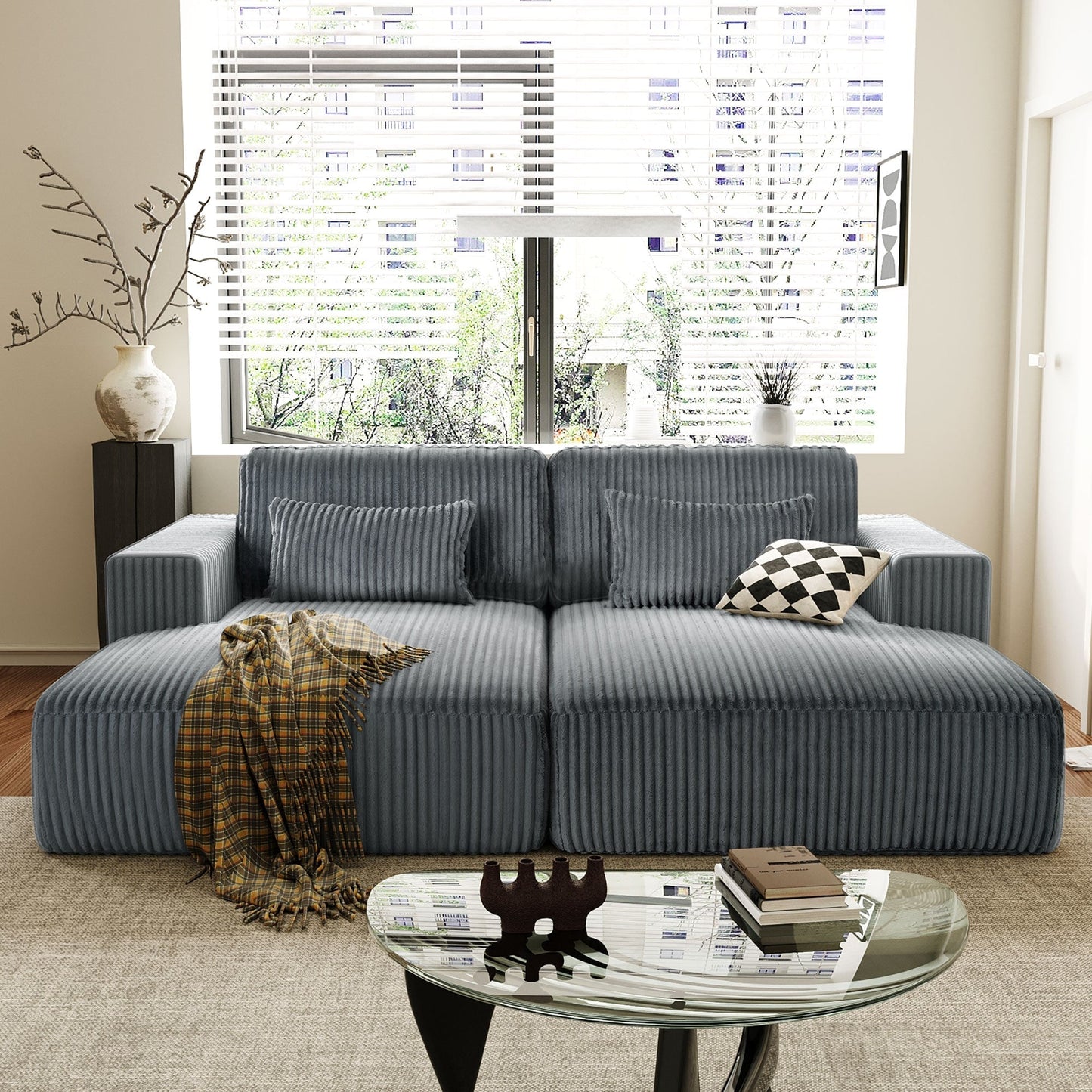 Modern Convertible Corduroy Loveseat Sofa Bed Wide Armrest Sofa with 2 Pillows for Living Room Apartment