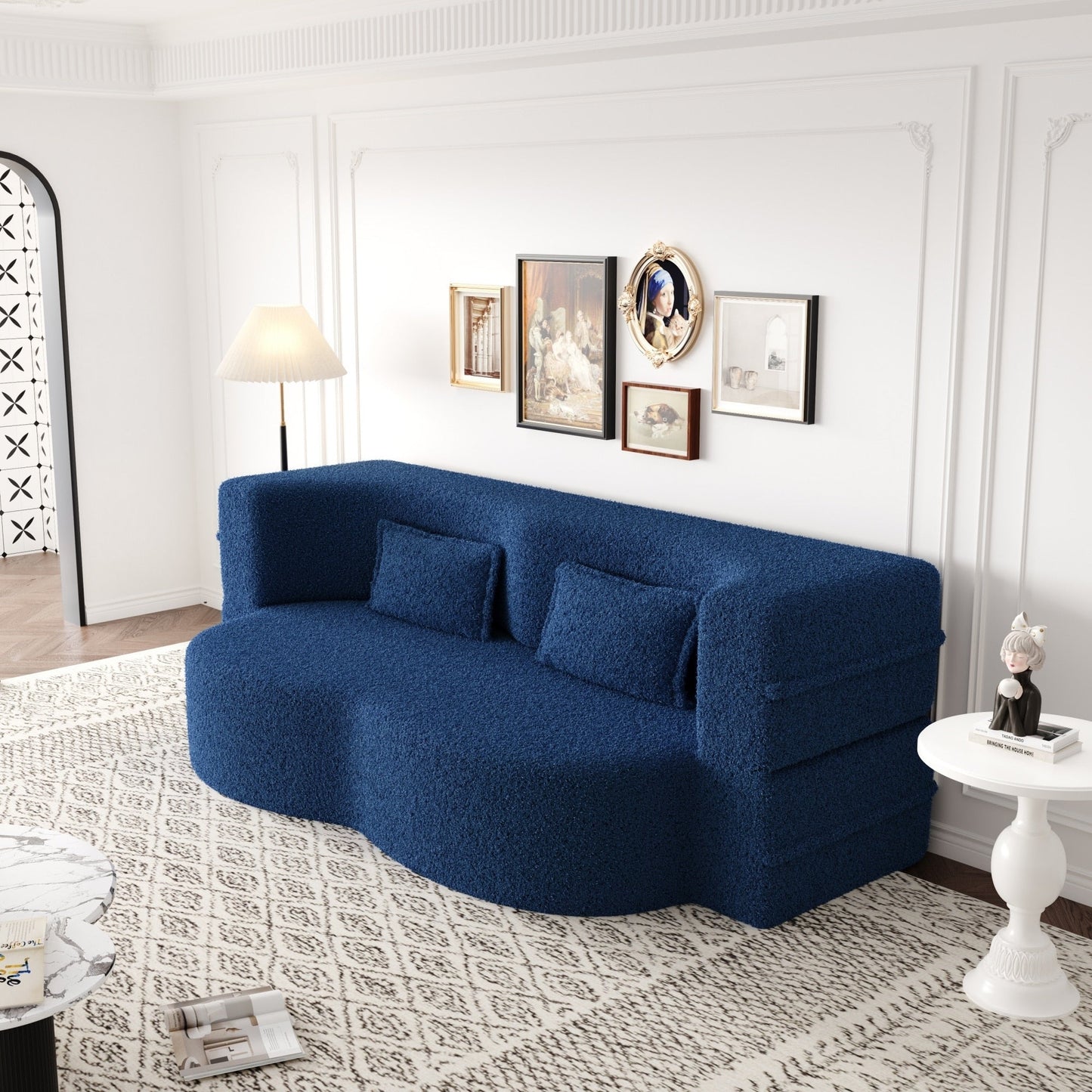 Modern Convertible Teddy Fabric Foam-Filled Sleeper Sofa Bed with 2 Pillows