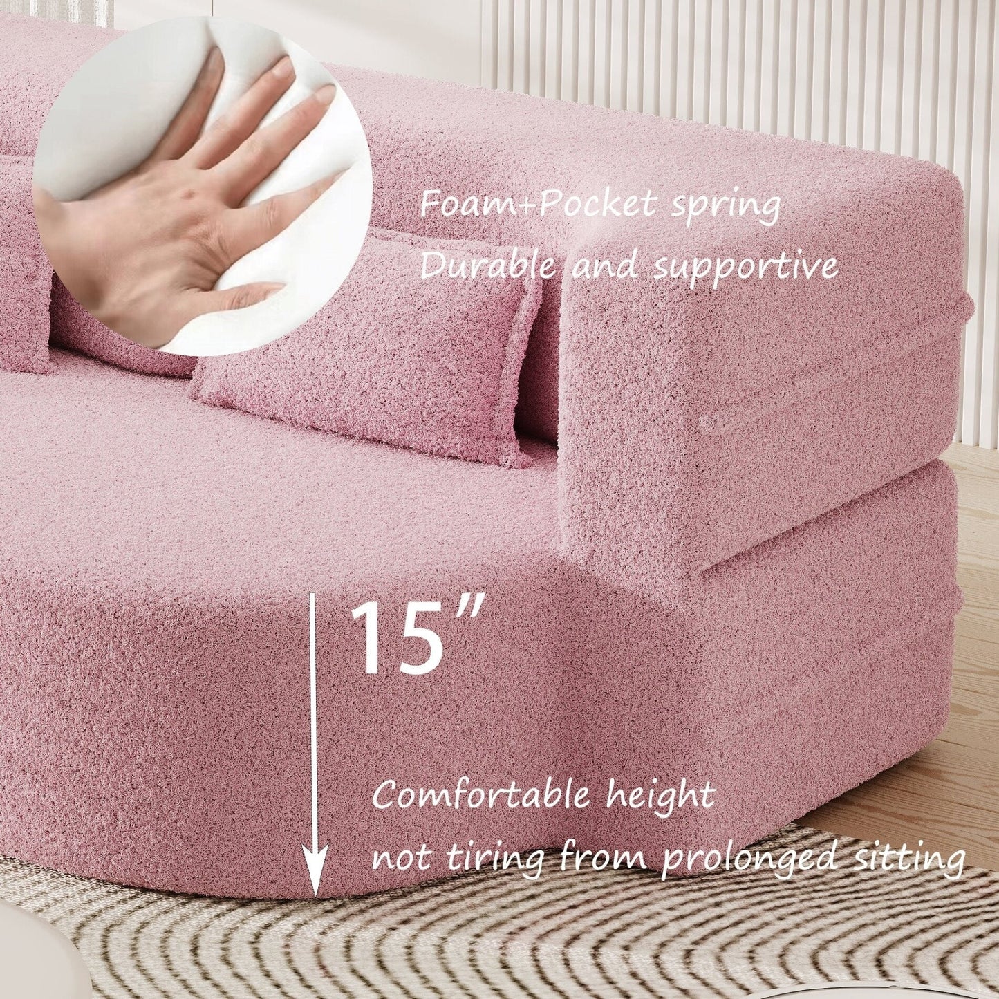 Modern Convertible Teddy Fabric Foam-Filled Sleeper Sofa Bed with 2 Pillows