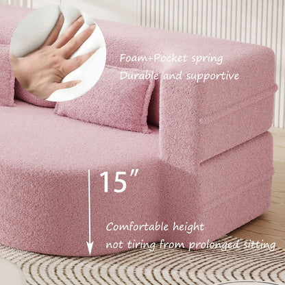Modern Convertible Teddy Fabric Foam-Filled Sleeper Sofa Bed with 2 Pillows