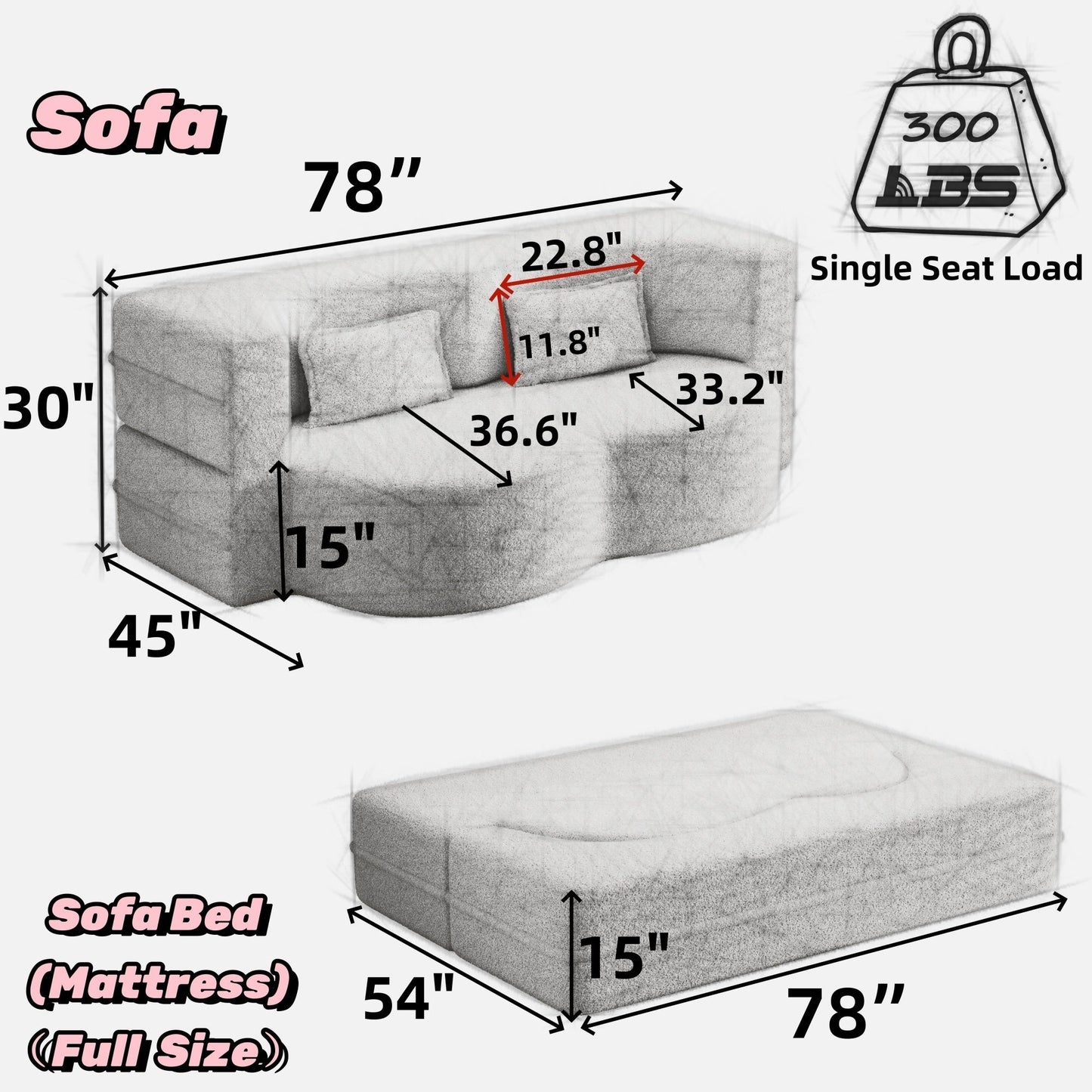 Modern Convertible Teddy Fabric Foam-Filled Sleeper Sofa Bed with 2 Pillows