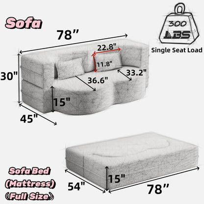 Modern Convertible Teddy Fabric Foam-Filled Sleeper Sofa Bed with 2 Pillows