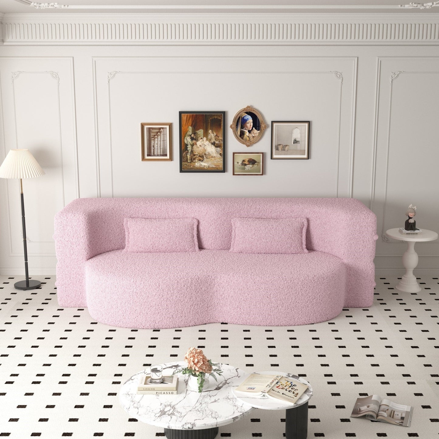 Modern Convertible Teddy Fabric Foam-Filled Sleeper Sofa Bed with 2 Pillows