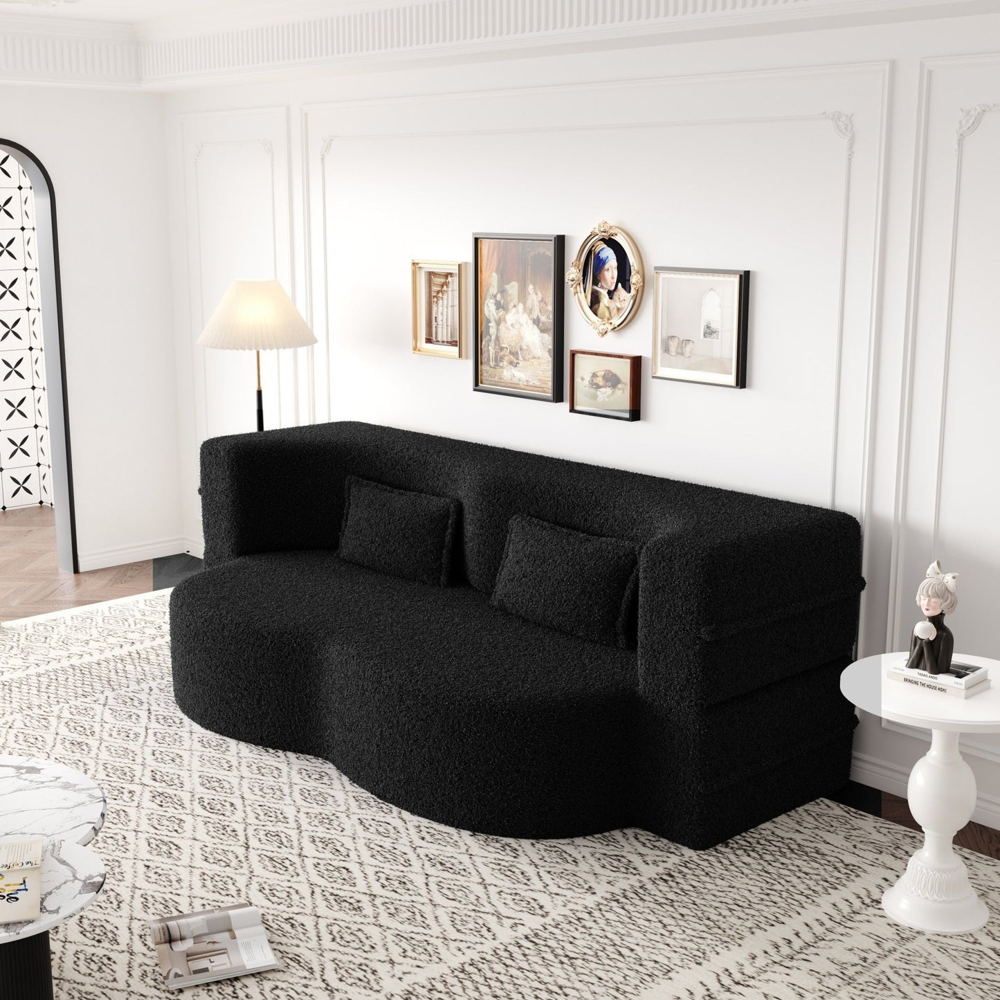 Modern Convertible Teddy Fabric Foam-Filled Sleeper Sofa Bed with 2 Pillows