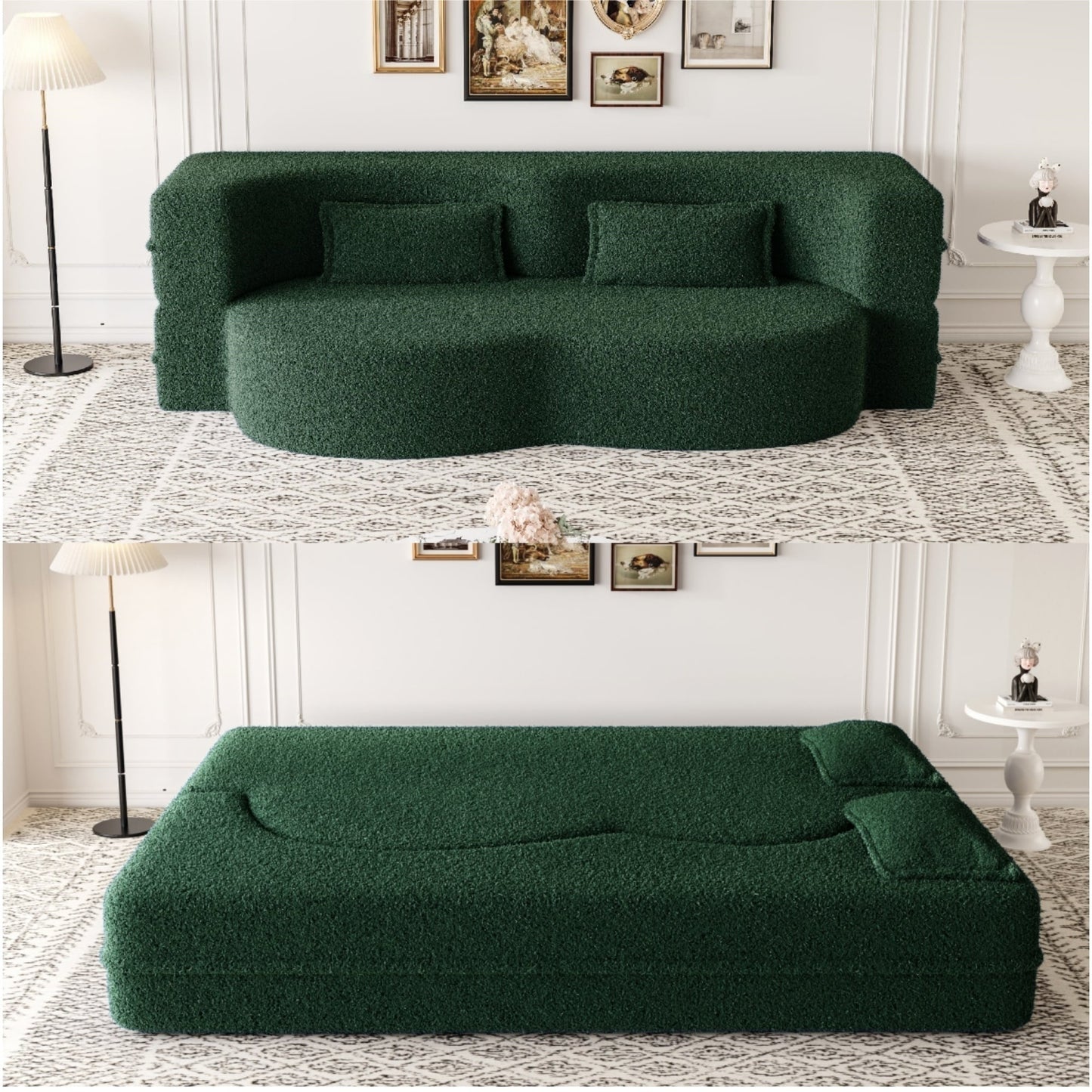 Modern Convertible Teddy Fabric Foam-Filled Sleeper Sofa Bed with 2 Pillows