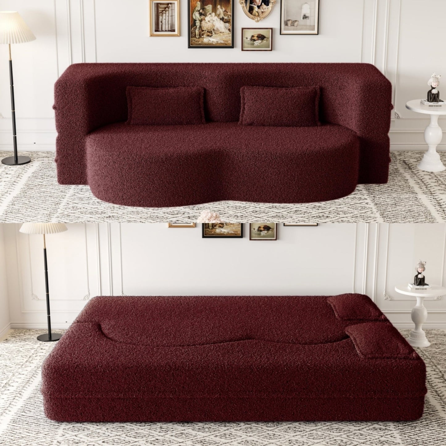 Modern Convertible Teddy Fabric Foam-Filled Sleeper Sofa Bed with 2 Pillows