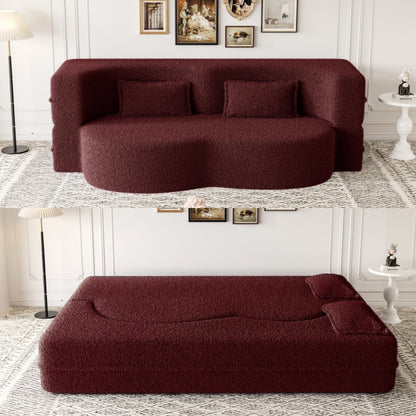 Modern Convertible Teddy Fabric Foam-Filled Sleeper Sofa Bed with 2 Pillows