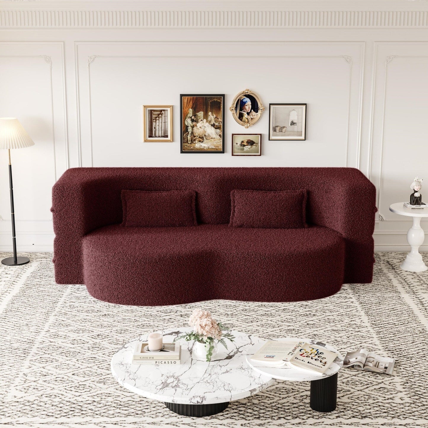 Modern Convertible Teddy Fabric Foam-Filled Sleeper Sofa Bed with 2 Pillows