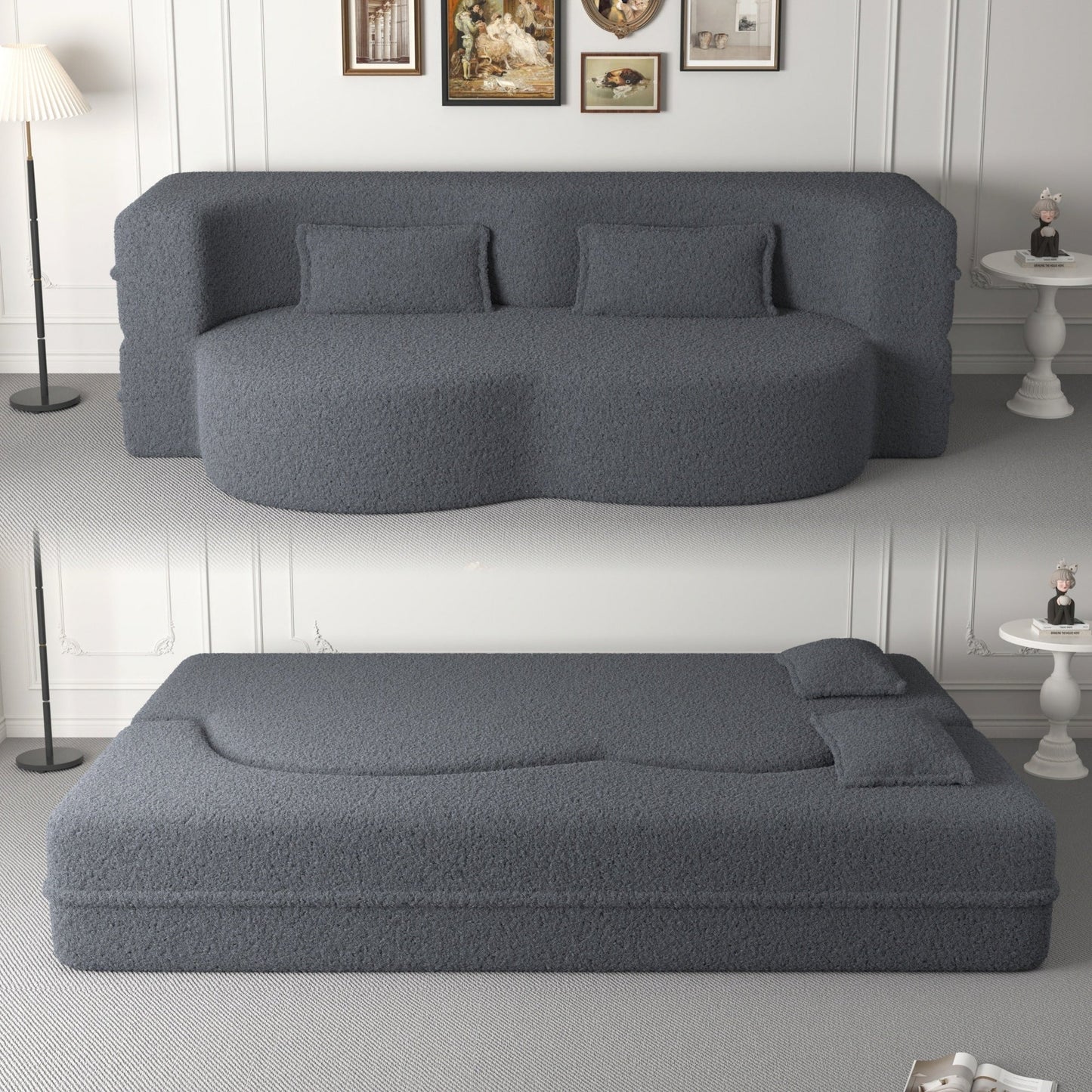 Modern Convertible Teddy Fabric Foam-Filled Sleeper Sofa Bed with 2 Pillows