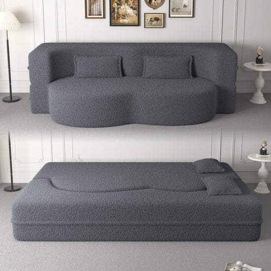 Modern Convertible Teddy Fabric Foam-Filled Sleeper Sofa Bed with 2 Pillows