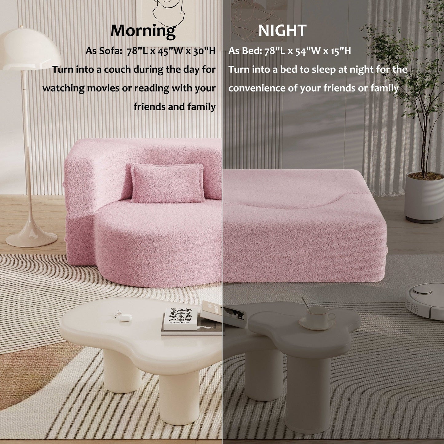 Modern Convertible Teddy Fabric Foam-Filled Sleeper Sofa Bed with 2 Pillows