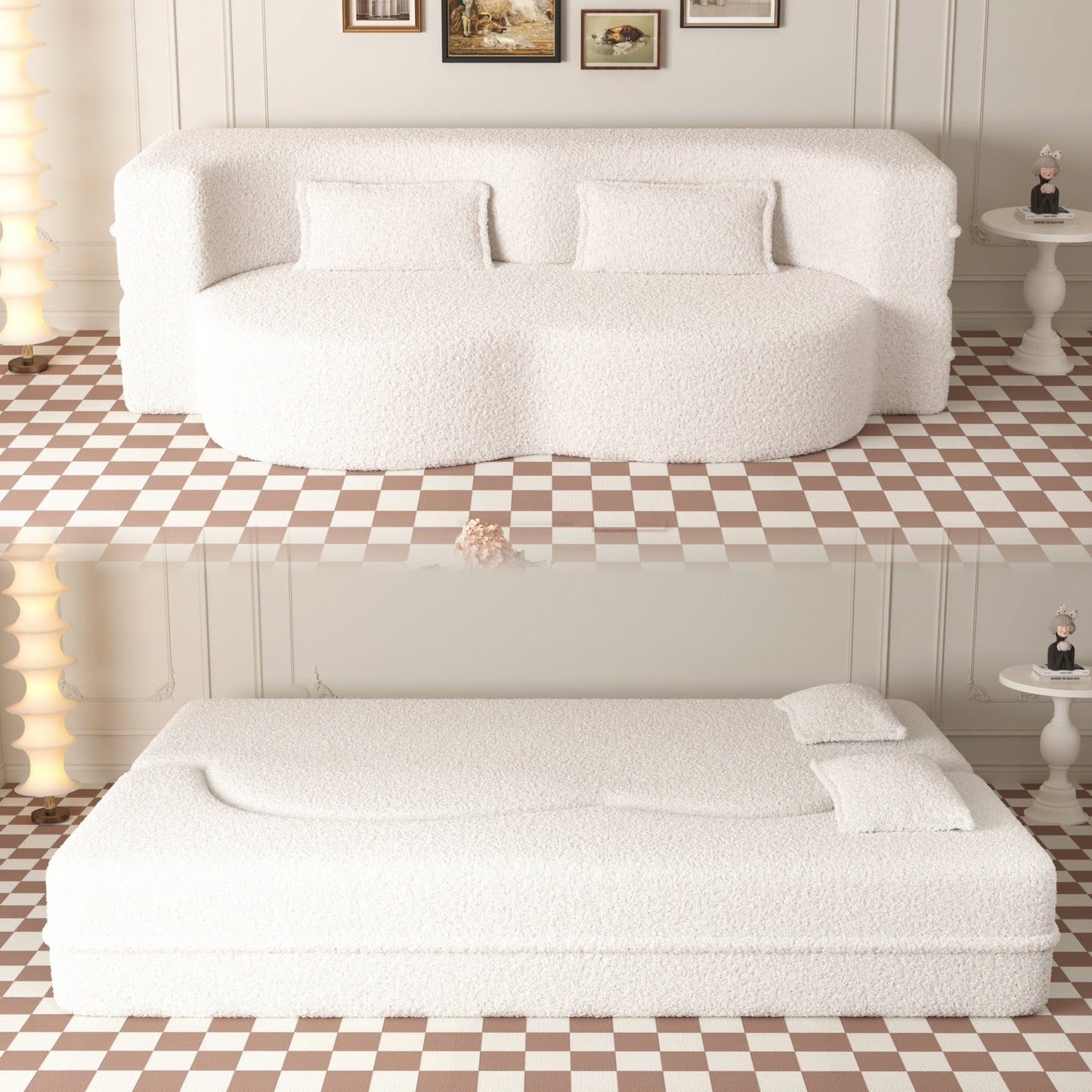 Modern Convertible Teddy Fabric Foam-Filled Sleeper Sofa Bed with 2 Pillows