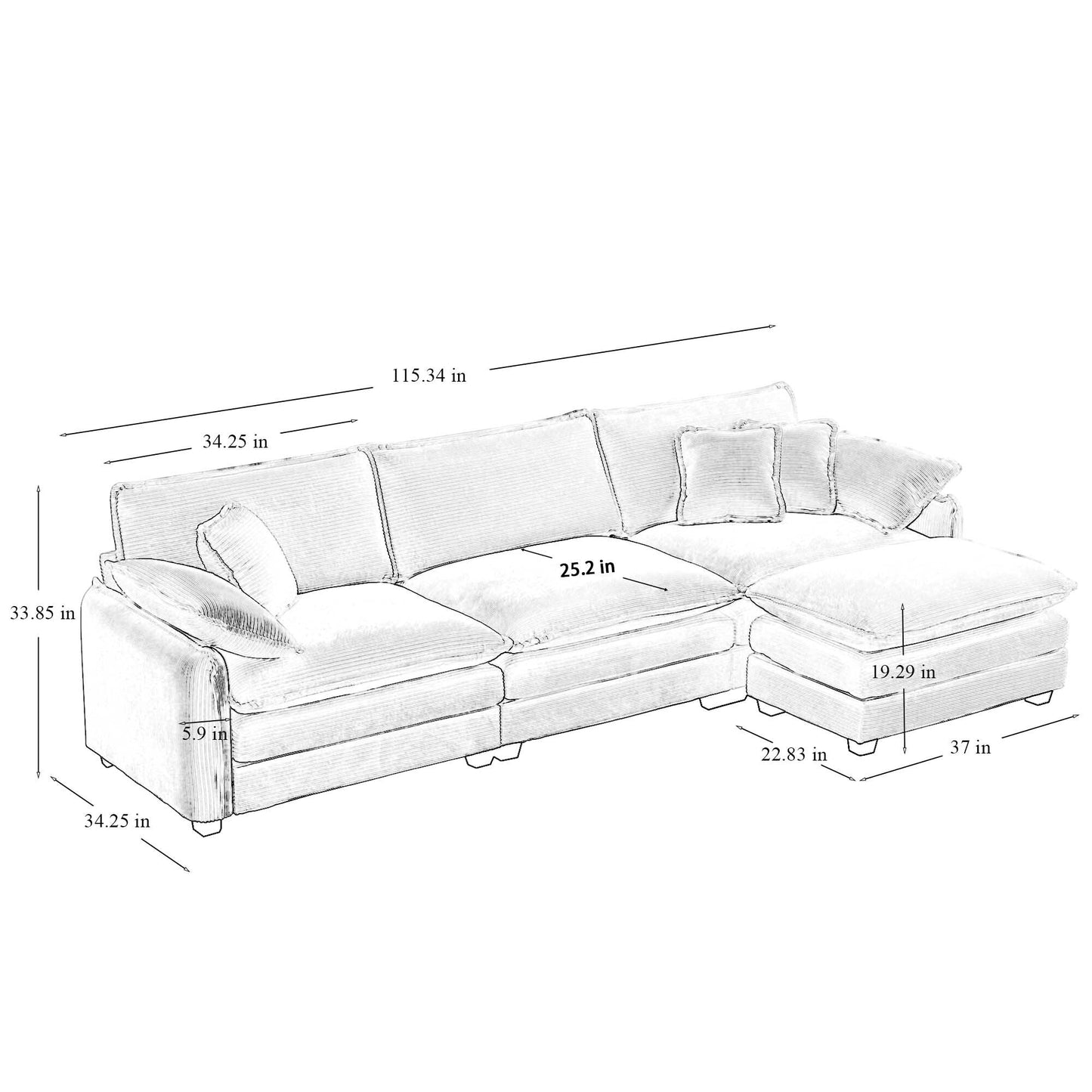 Modern Corduroy L-Shaped Sectional Sofa 3-Seater Deep Seat Sofa Couch with Ottoman for Living Room