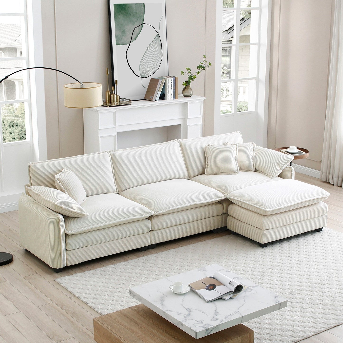 Modern Corduroy L-Shaped Sectional Sofa 3-Seater Deep Seat Sofa Couch with Ottoman for Living Room