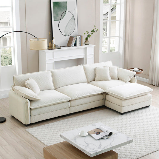Modern Corduroy L-Shaped Sectional Sofa 3-Seater Deep Seat Sofa Couch with Ottoman for Living Room