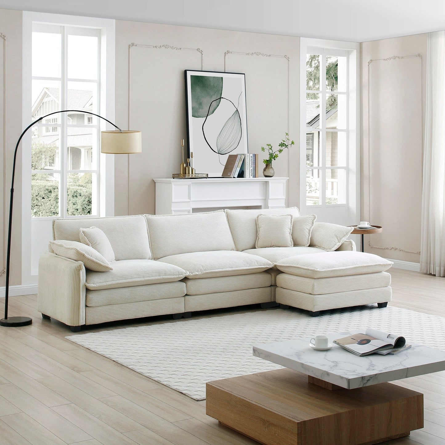 Modern Corduroy L-Shaped Sectional Sofa 3-Seater Deep Seat Sofa Couch with Ottoman for Living Room