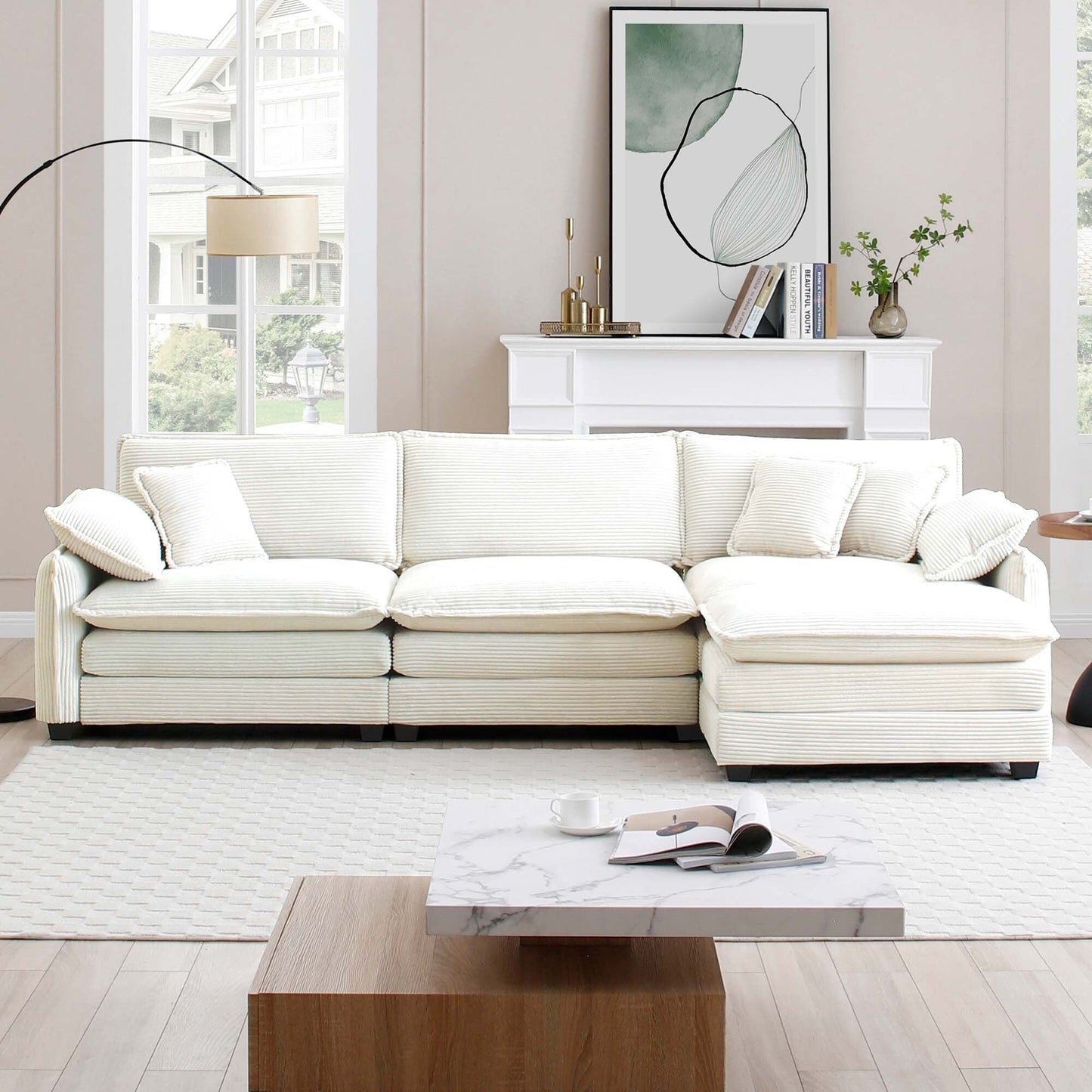 Modern Corduroy L-Shaped Sectional Sofa 3-Seater Deep Seat Sofa Couch with Ottoman for Living Room