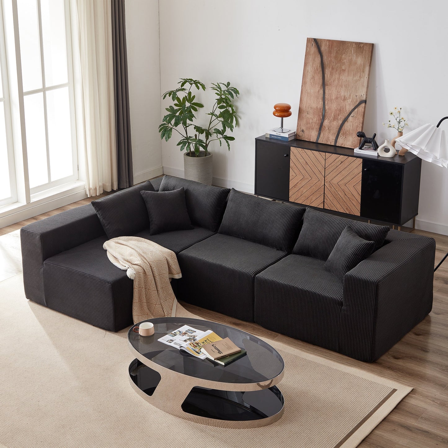 Modern Corduroy Modular L-Shaped Sectional Sofa Set 4-Piece Free Combination Floor Couch for Living Room Bedroom